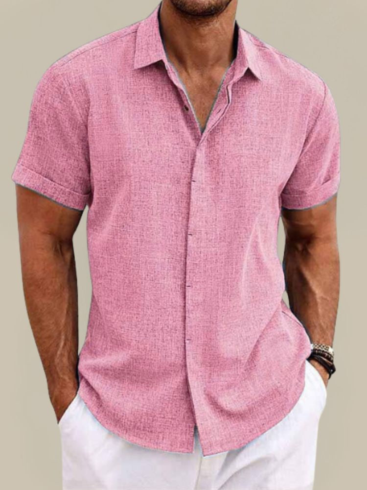 Men's short sleeve shirt in a linen look with classic collar and turned-up sleeve hems - pink