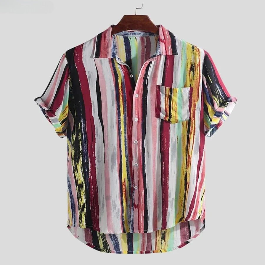 Men's short sleeve shirt with a chest pocket and multicolour painted stripes - pink multicolour