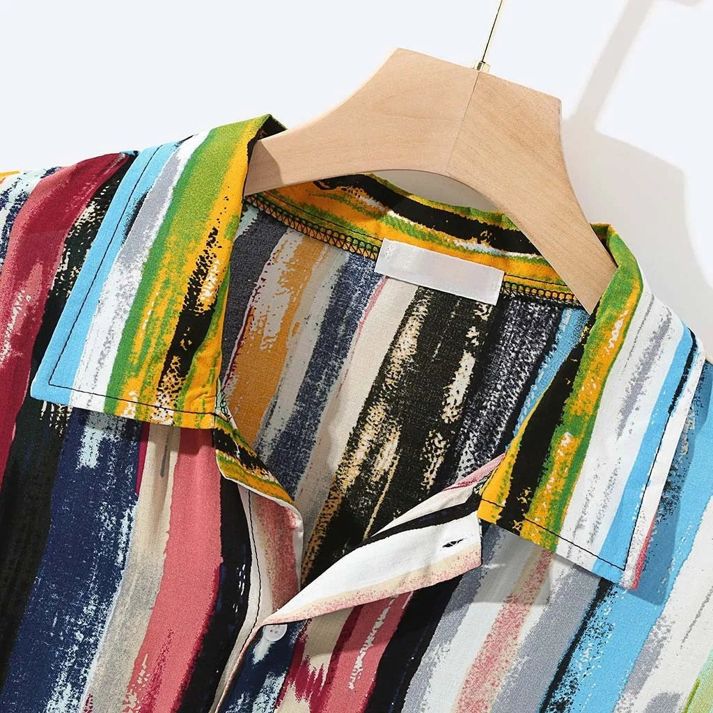 Men's short sleeve shirt with a chest pocket and multicolour painted stripes - view 5
