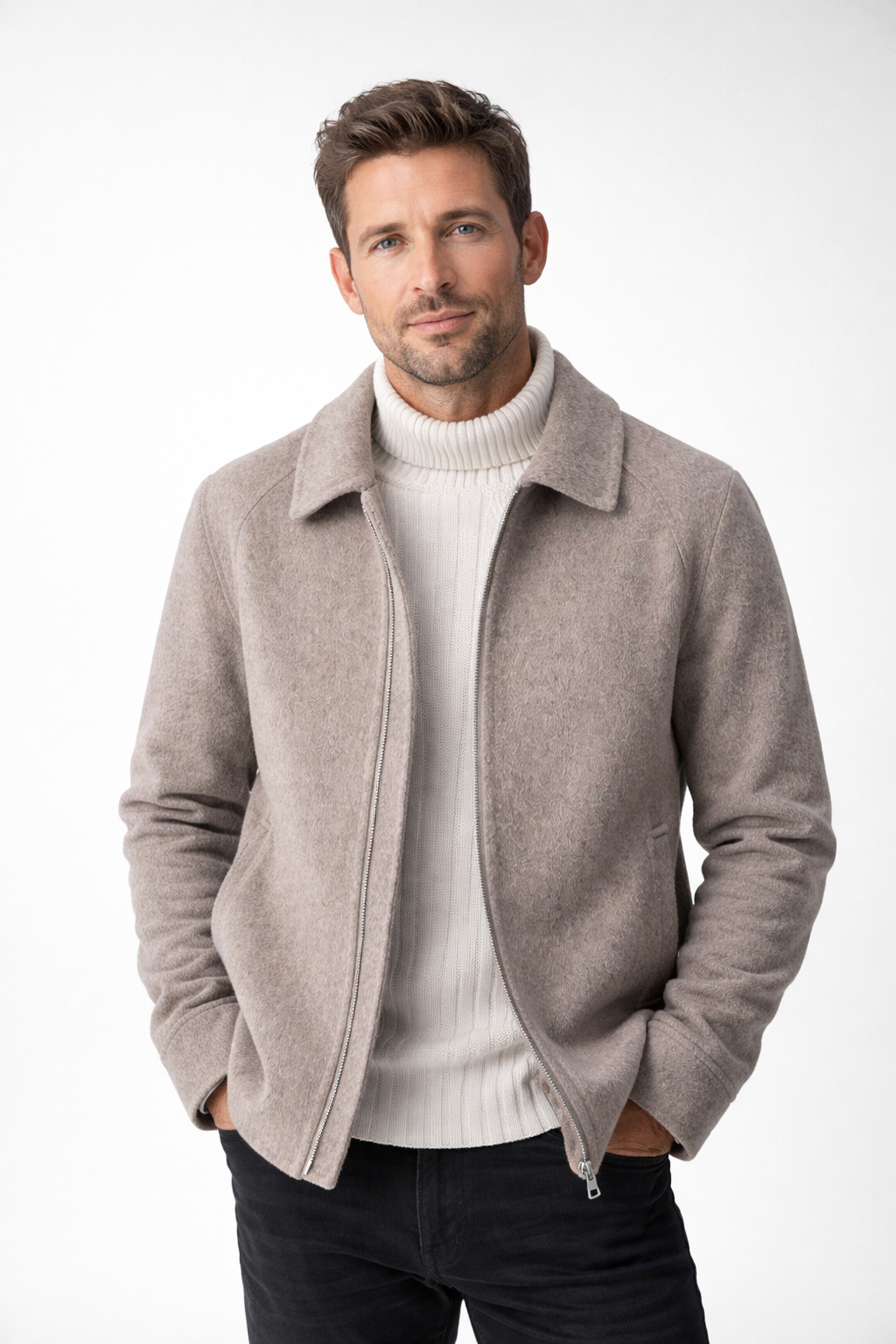 Men's short wool-blend jacket with a zip and shirt collar