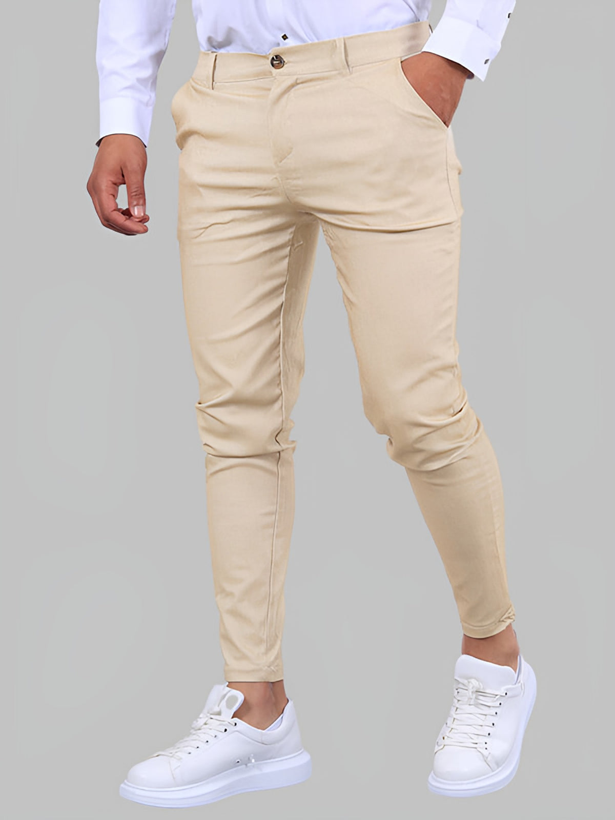 Men's skinny stretch chino trousers in khaki, ankle length