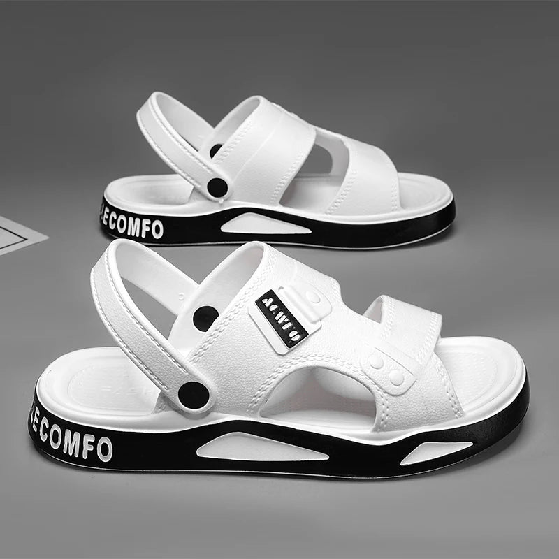 Men's EVA sliders with two straps over the foot, a back strap and a thick two-tone sole - view 4