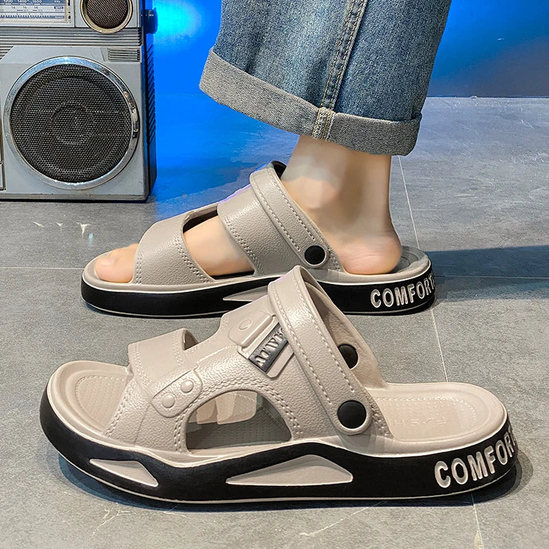Men's EVA sliders with two straps over the foot, a back strap and a thick two-tone sole - view 6