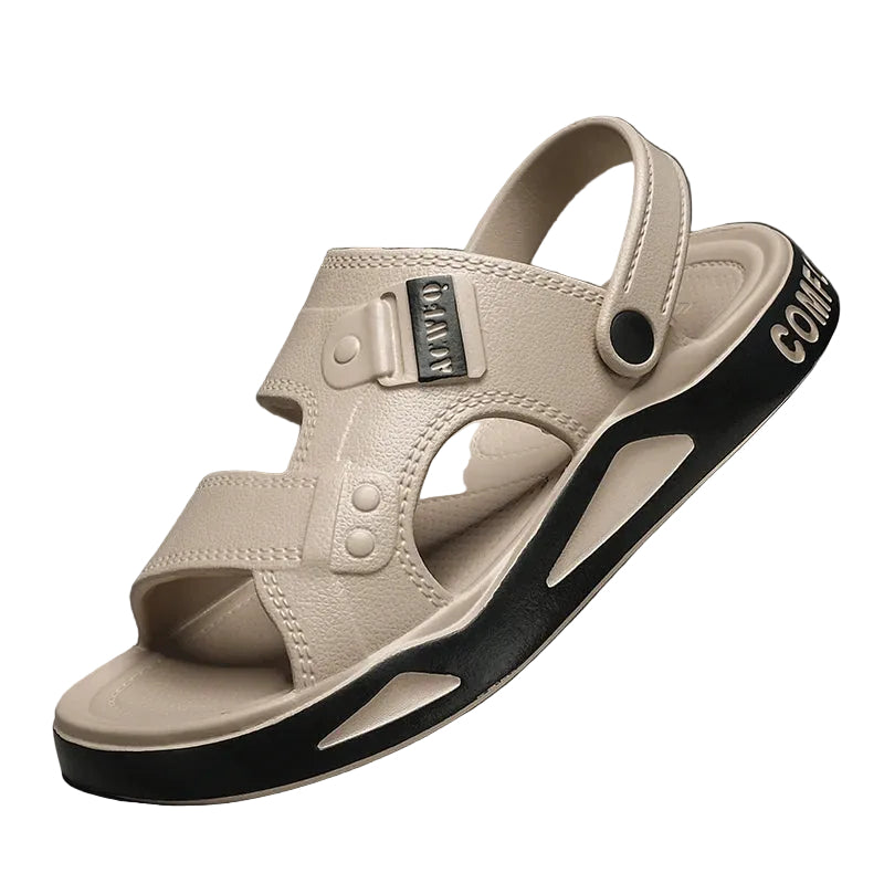 Men's EVA sliders with two straps over the foot, a back strap and a thick two-tone sole - khaki