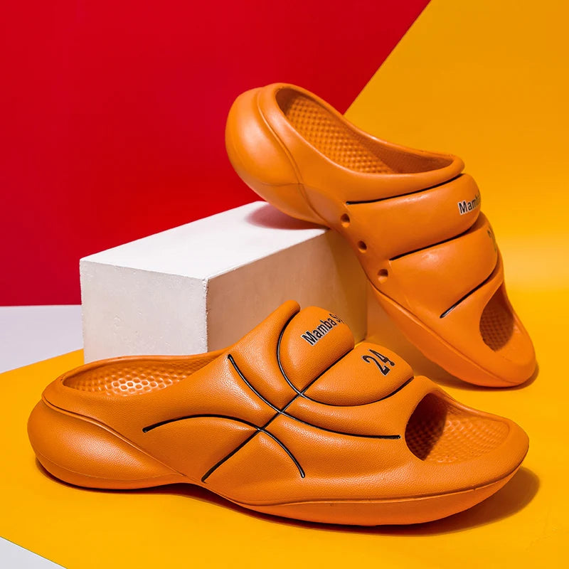 Men's EVA sliders with wide basketball-look band, thick sole and perforated footbed - orange