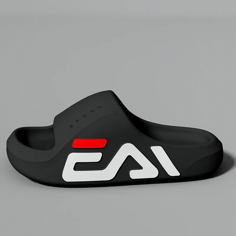 Men's EVA sliders with extra thick sole, wide printed strap and deep footbed - black