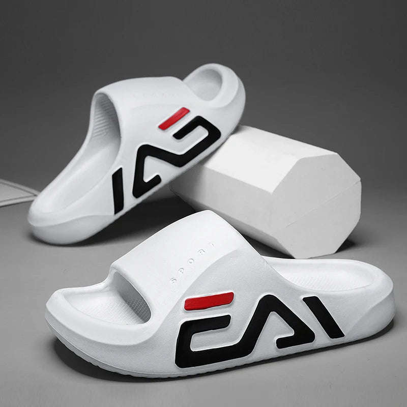 Men's EVA sliders with extra thick sole, wide printed strap and deep footbed - white