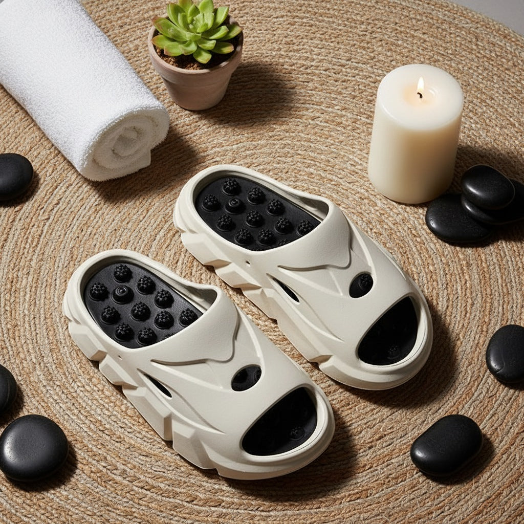 Men's EVA sliders with round hard studs in the footbed, wide band and thick sole