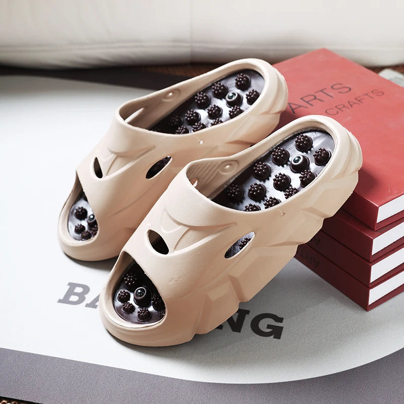 Men's EVA sliders with round hard studs in the footbed, wide band and thick sole - beige/brown