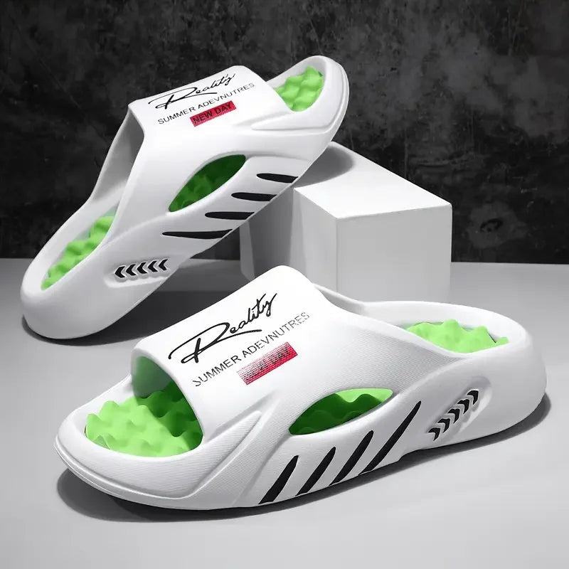 Men's sliders in EVA with a nubbed footbed in a contrast colour and side cut-outs - white/green