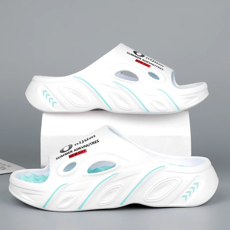 Men's EVA sliders with nubbed footbed, wide vented band and thick sole - white/blue