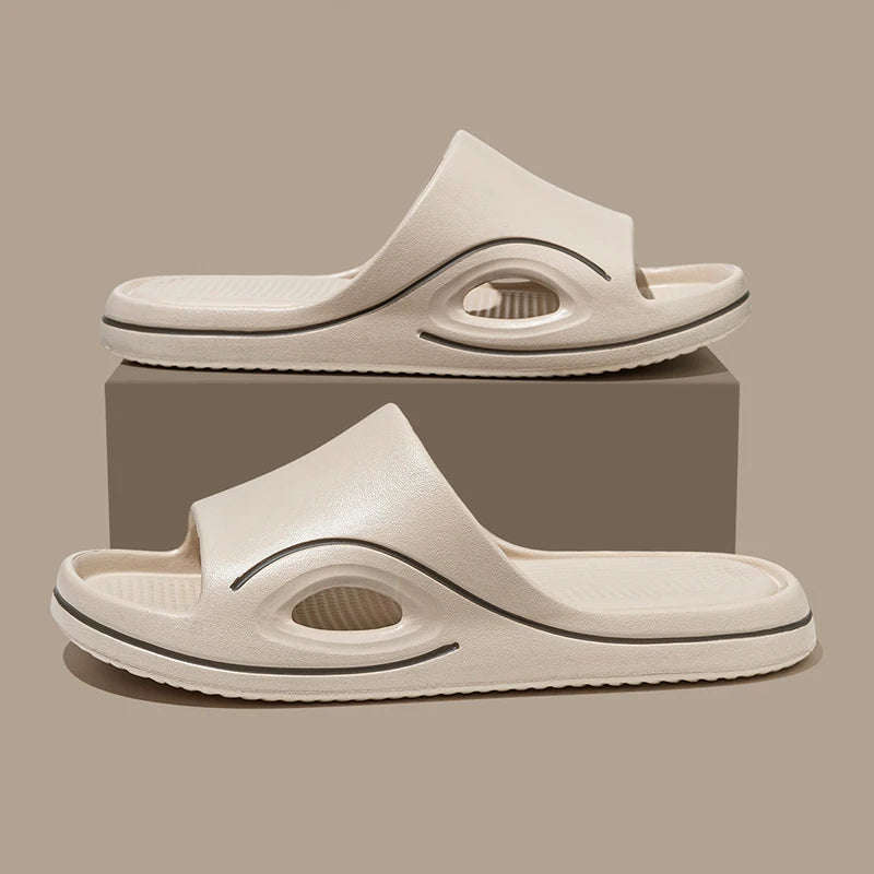 Men's sliders with a thick EVA sole, side cut-out and contrast trim - beige