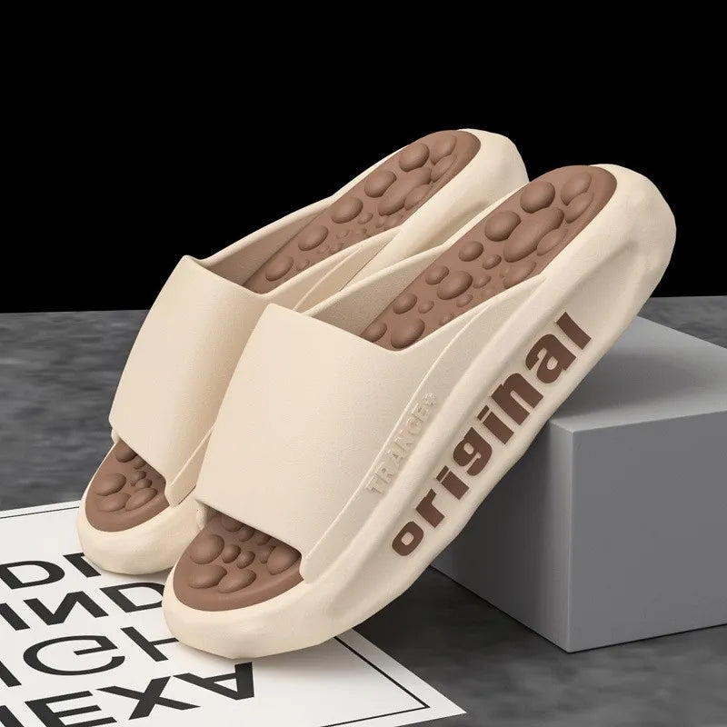 Men's sliders with a wide strap, thick EVA sole and a footbed of round nubs - cream/brown