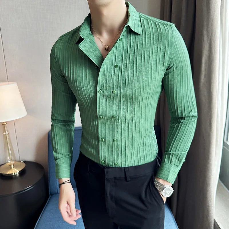 Men's slim fit double-breasted shirt with a vertical textured stripe - jade green