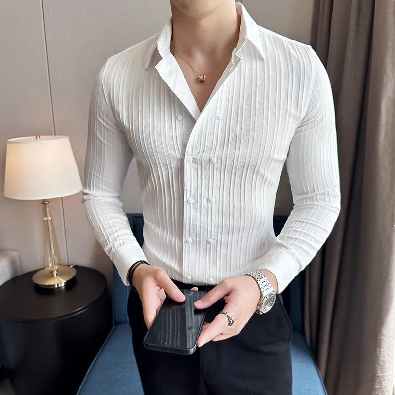 Men's slim fit double-breasted shirt with a vertical textured stripe - white