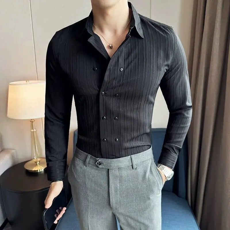 Men's slim fit double-breasted shirt with a vertical textured stripe - black