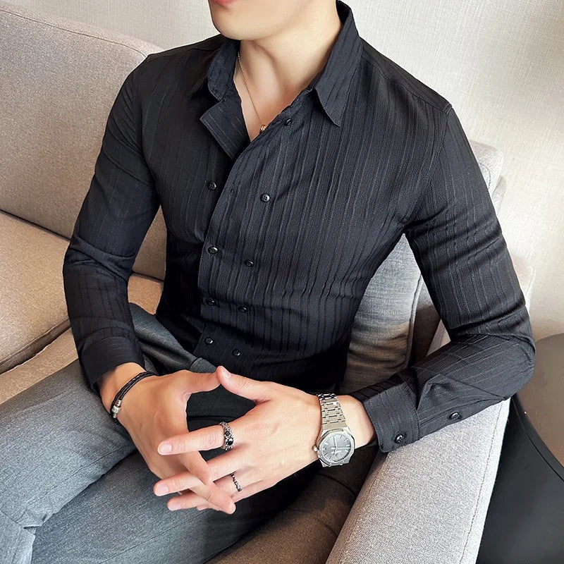 Men's slim fit double-breasted shirt with a vertical textured stripe - view 6