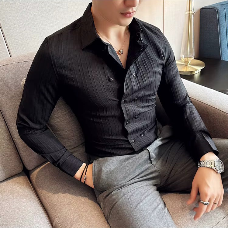 Men's slim fit double-breasted shirt with a vertical textured stripe - view 9