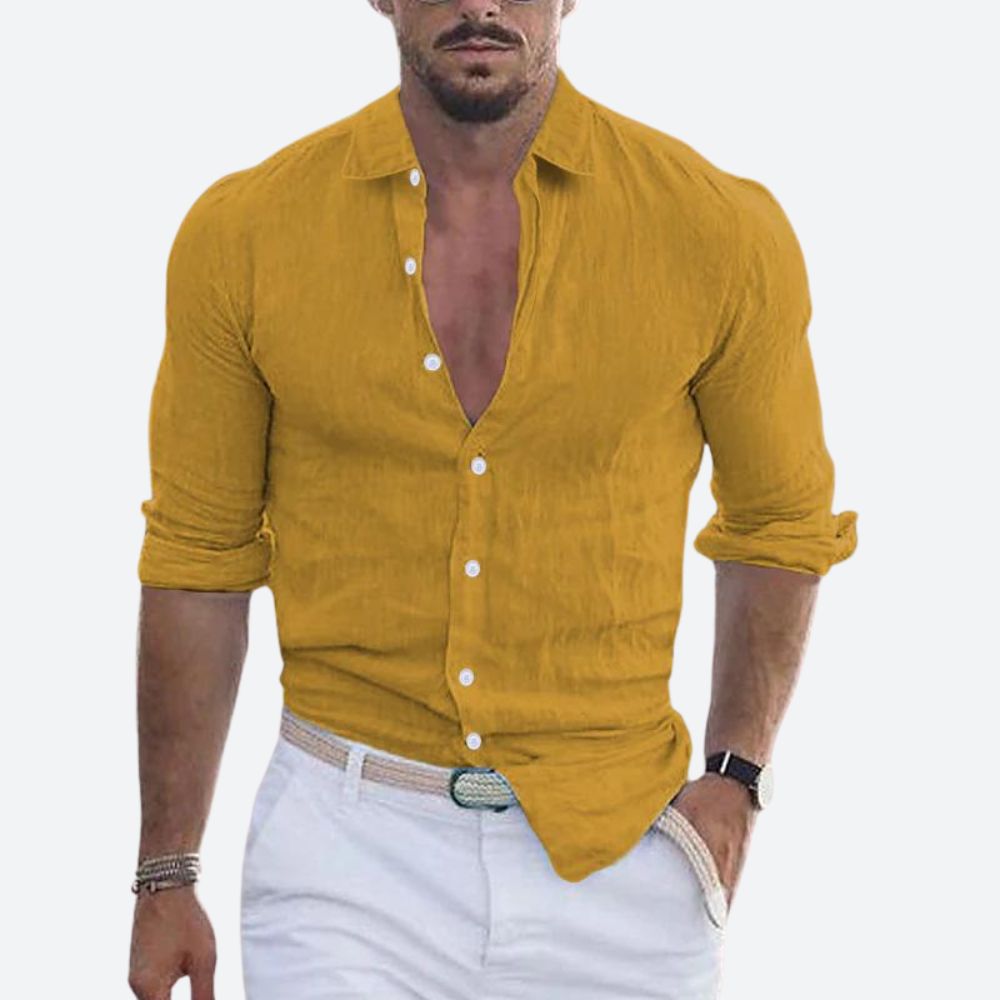 Men's slim fit shirt in a linen look with open collar, white buttons and rolled long sleeves - mustard