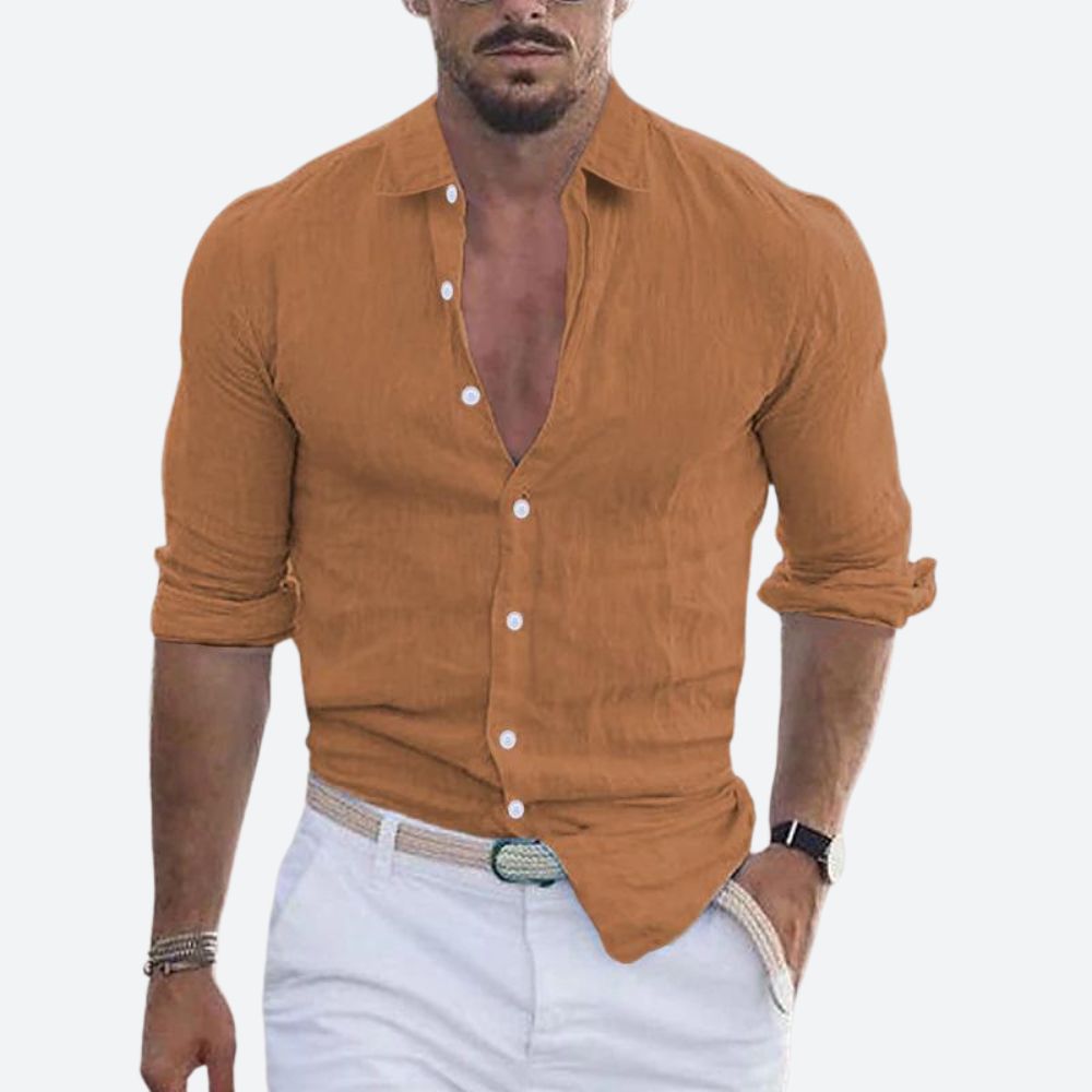 Men's slim fit shirt in a linen look with open collar, white buttons and rolled long sleeves - burnt orange