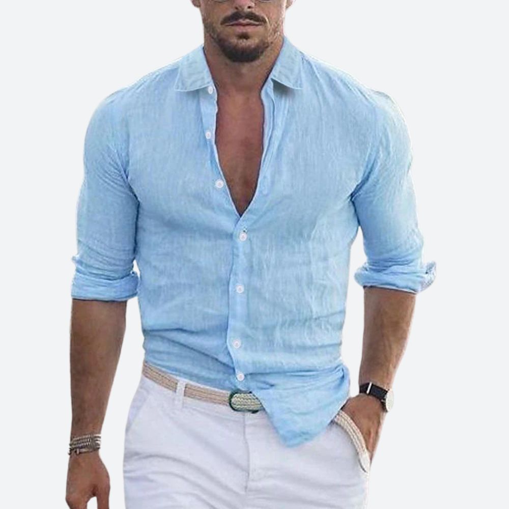 Men's slim fit shirt in a linen look with open collar, white buttons and rolled long sleeves - light blue