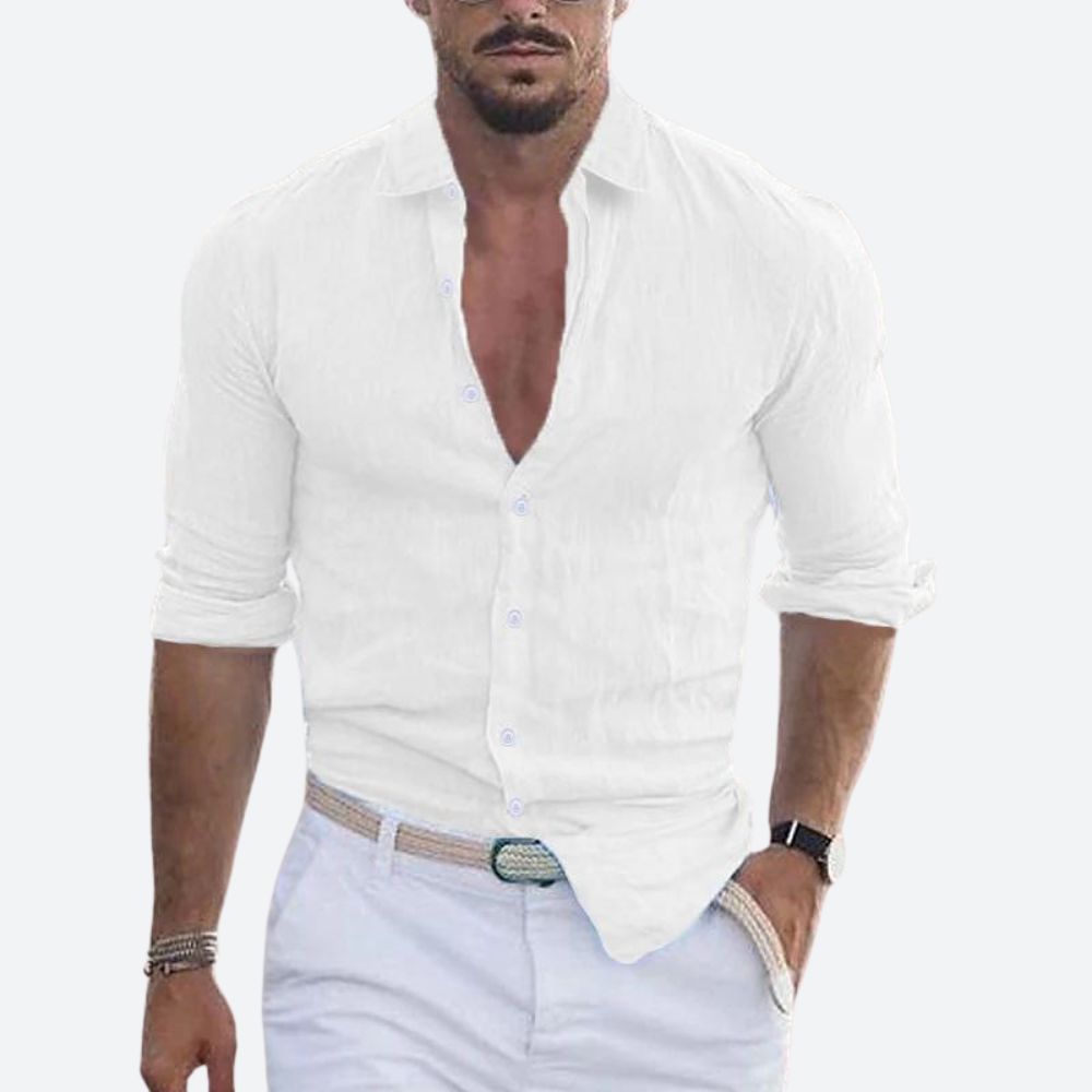 Men's slim fit shirt in a linen look with open collar, white buttons and rolled long sleeves - white