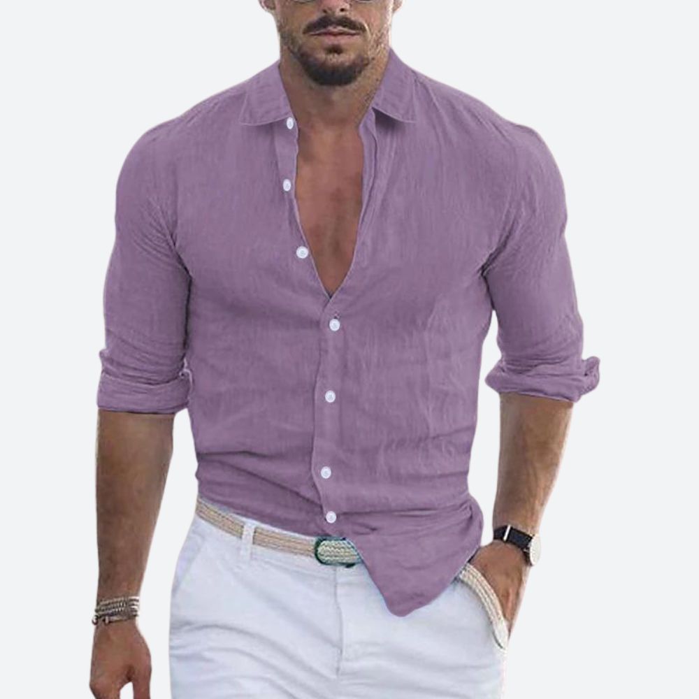 Men's slim fit shirt in a linen look with open collar, white buttons and rolled long sleeves - lilac