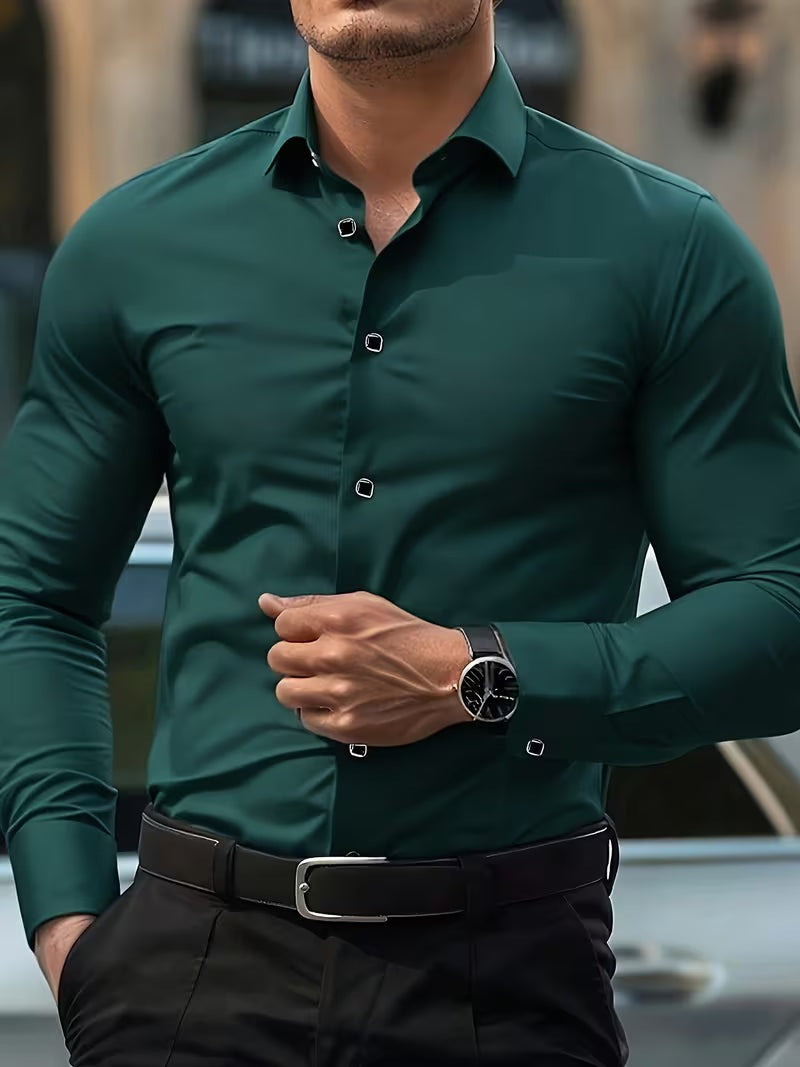 Men's slim fit stretch shirt with a point collar - dark green