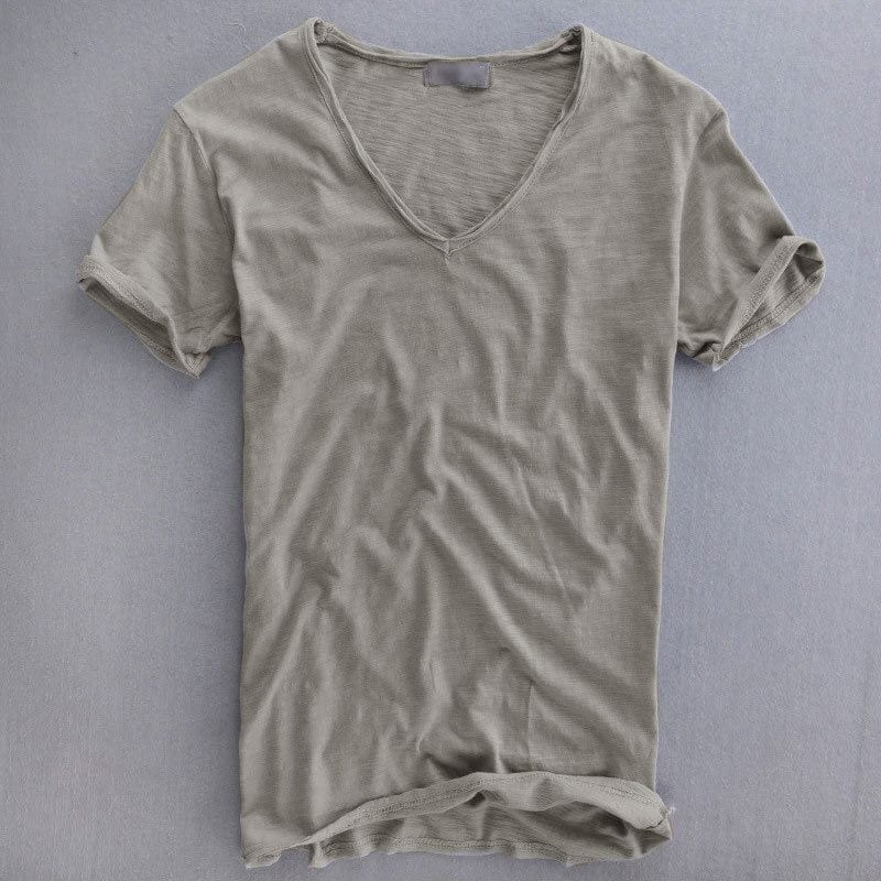 Men's slim fit T-shirt with a deep V-neck, rolled edge and turned-up short sleeves - stone grey