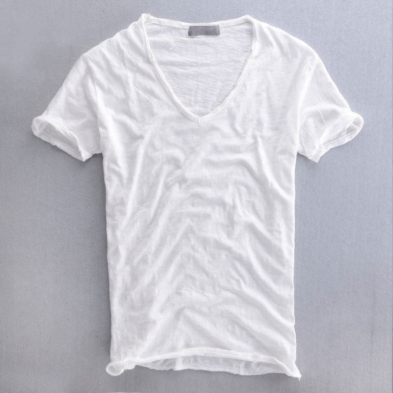 Men's slim fit T-shirt with a deep V-neck, rolled edge and turned-up short sleeves - white