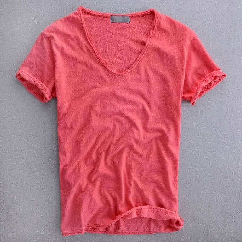 Men's slim fit T-shirt with a deep V-neck, rolled edge and turned-up short sleeves - coral