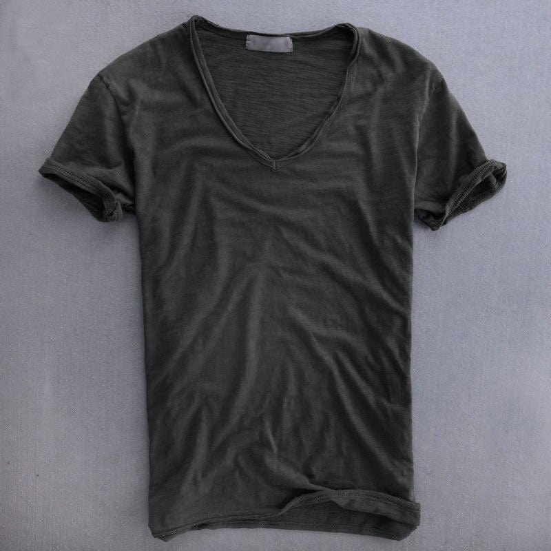 Men's slim fit T-shirt with a deep V-neck, rolled edge and turned-up short sleeves - charcoal