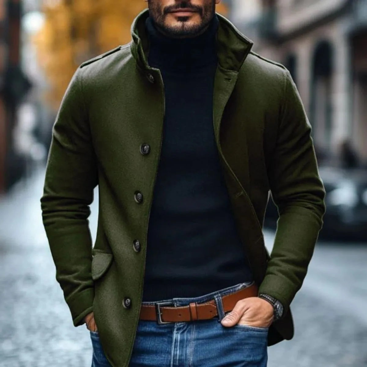 Men's slim fit wool-look coat with a stand collar - army green