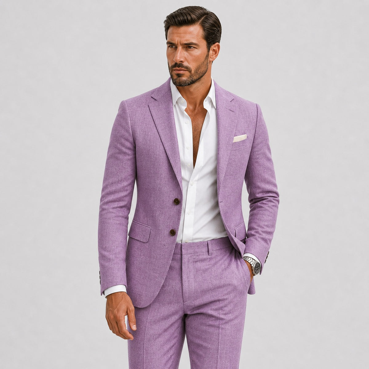 Men's slim fit linen-look suit with jacket and trousers - lilac