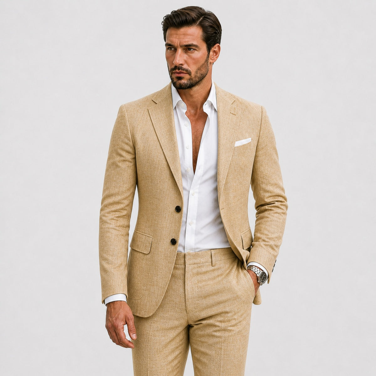Men's slim fit linen-look suit with jacket and trousers - camel