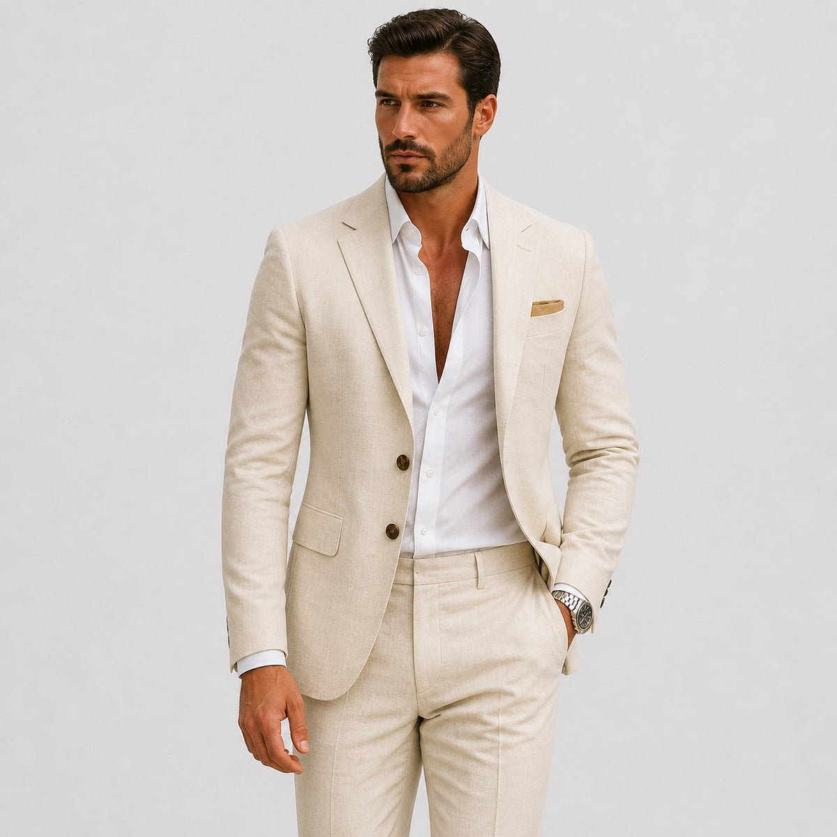 Men's slim fit linen-look suit with jacket and trousers - beige
