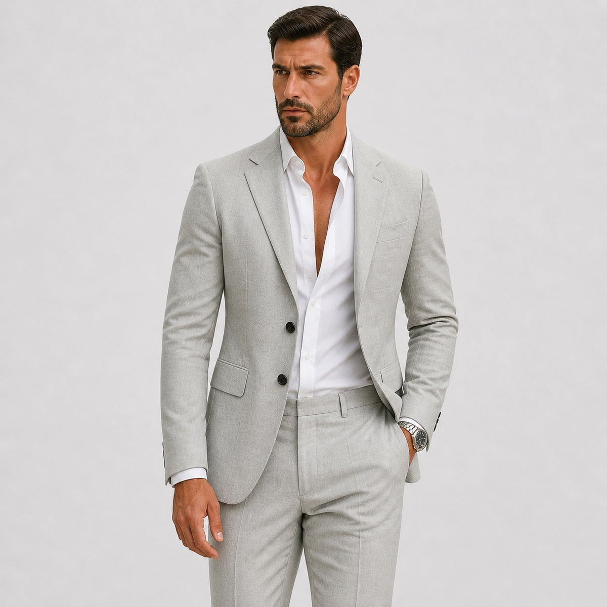 Men's slim fit linen-look suit with jacket and trousers - light grey