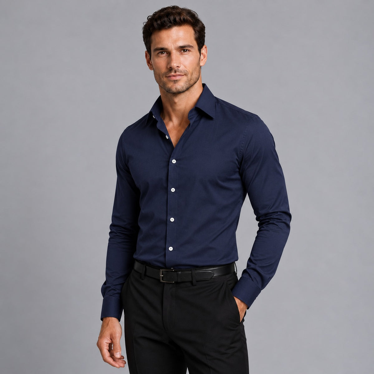 Men's slim fit stretch shirt with white buttons and a classic collar - navy