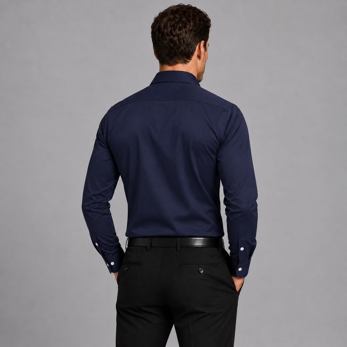 Men's slim fit stretch shirt with white buttons and a classic collar - view 2