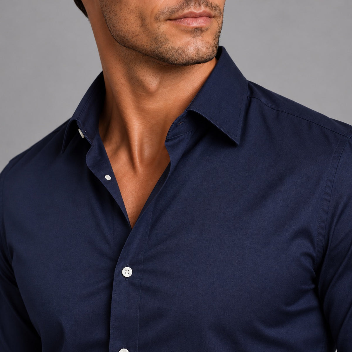 Men's slim fit stretch shirt with white buttons and a classic collar - view 3