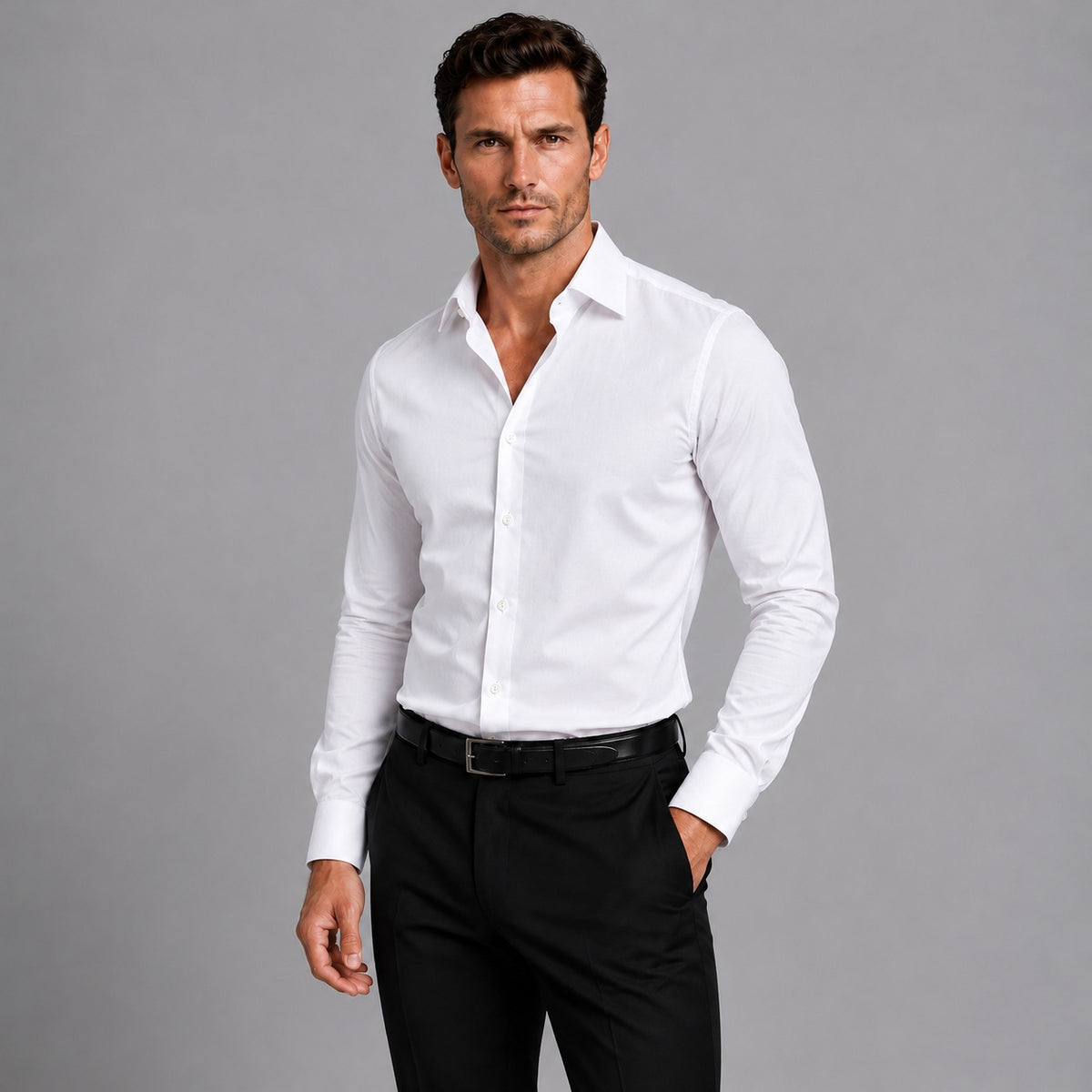 Men's slim fit stretch shirt with white buttons and a classic collar - white
