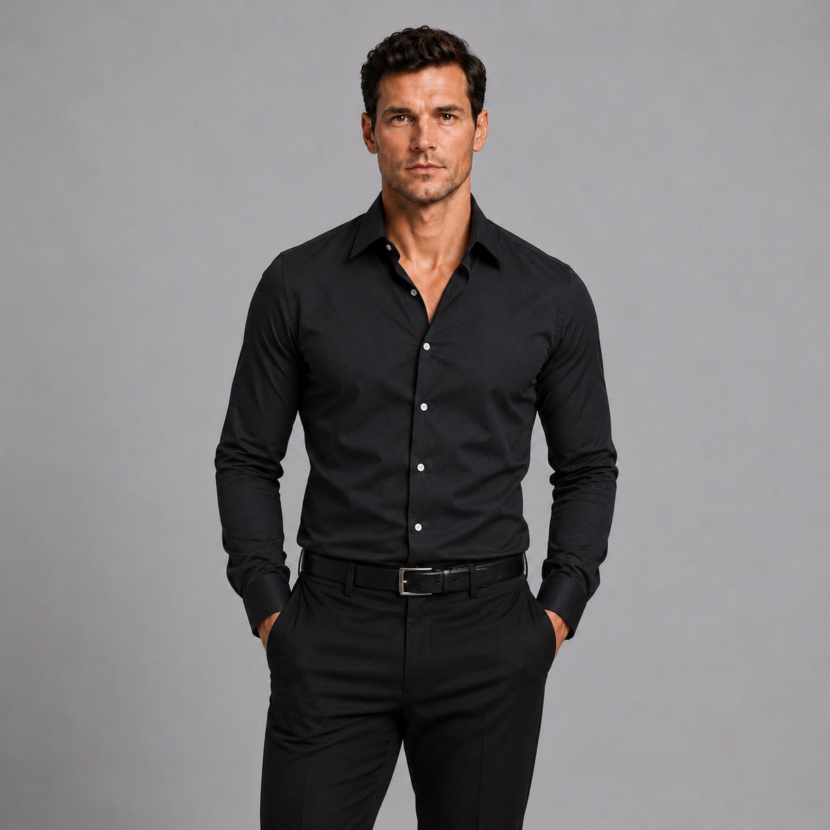 Men's slim fit stretch shirt with white buttons and a classic collar - black