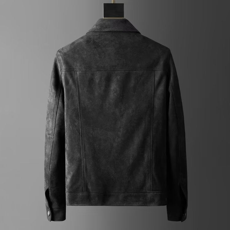 Men's slim fit suede-look trucker jacket with a point collar and chest pockets - view 10