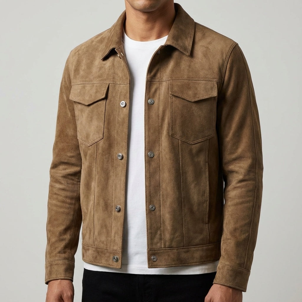 Men's slim fit suede-look trucker jacket with a point collar and chest pockets - view 2