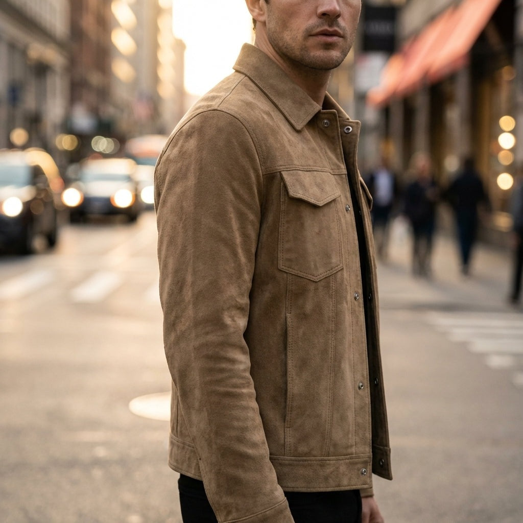 Men's slim fit suede-look trucker jacket with a point collar and chest pockets - view 3