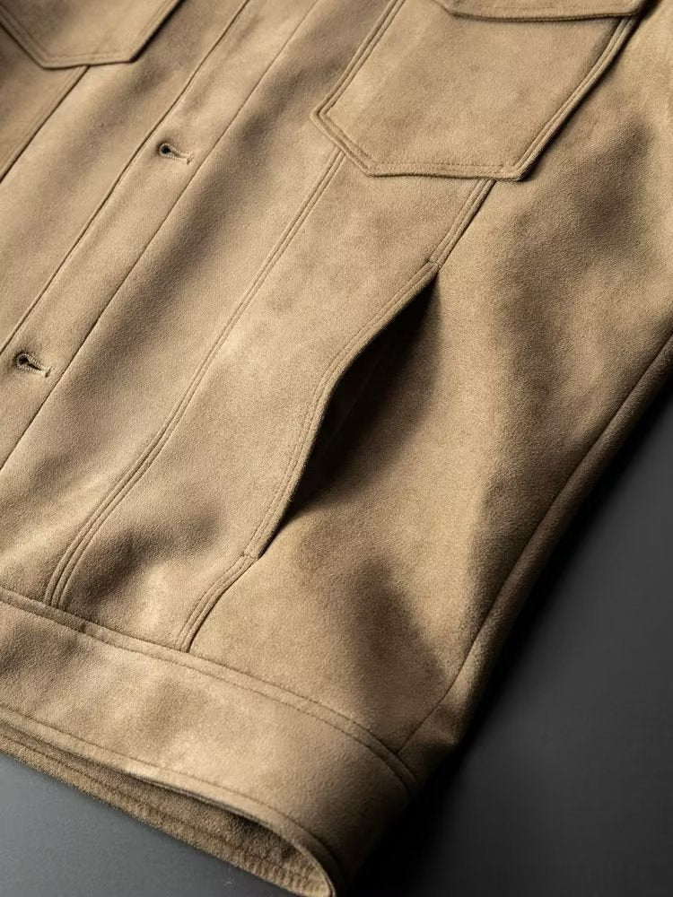 Men's slim fit suede-look trucker jacket with a point collar and chest pockets - view 5