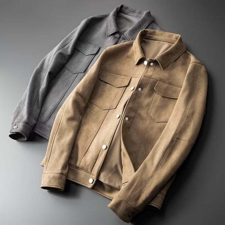 Men's slim fit suede-look trucker jacket with a point collar and chest pockets - view 6