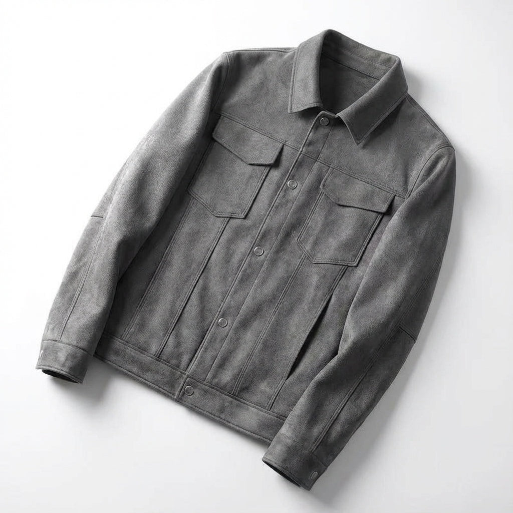 Men's slim fit suede-look trucker jacket with a point collar and chest pockets - grey