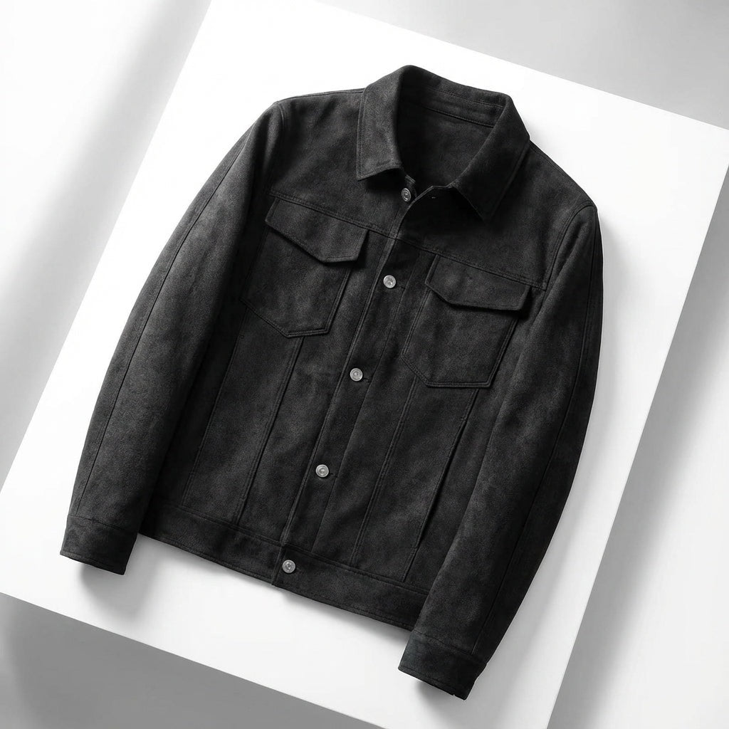 Men's slim fit suede-look trucker jacket with a point collar and chest pockets - black