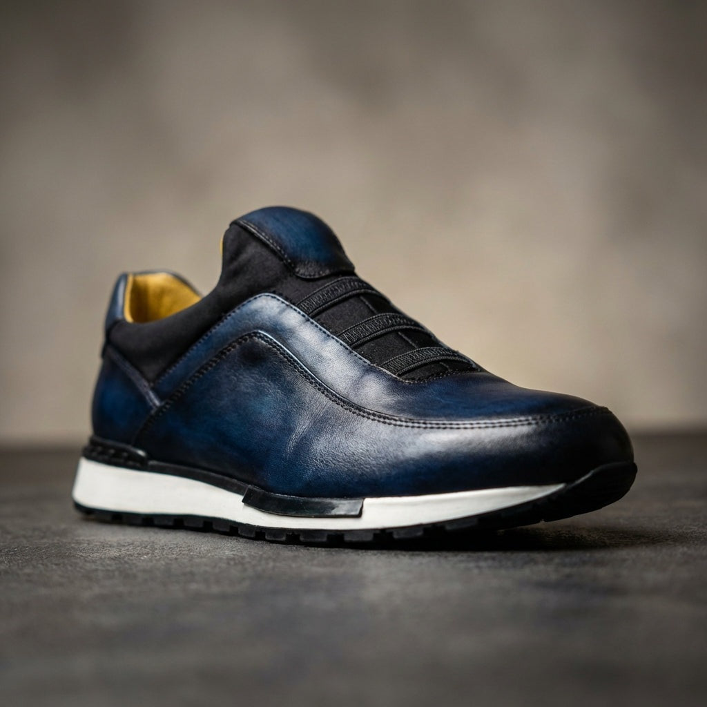Men's slip-on faux leather trainers with a patina finish, elastic straps and a yellow lining - blue